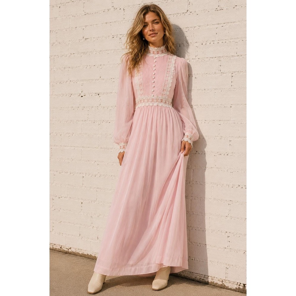 Vintage 1970s Handmade Pink Prairie Maxi Dress Lace Victorian Romantic S